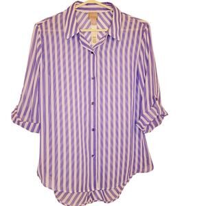 Chico's blue and white chevron striped sheer button up short sleeve top Size 8